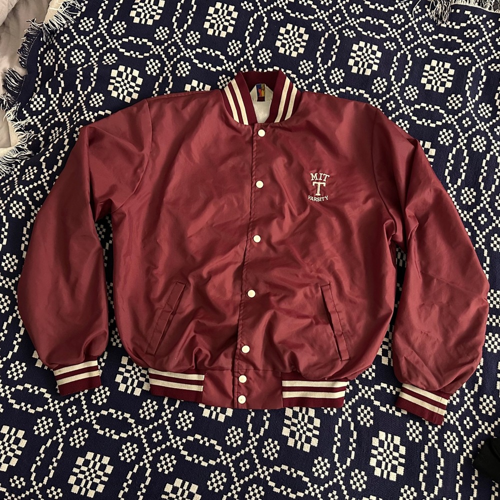 Vintage MIT Varsity Jacket Maroon Satin Snap Bomber Made in USA XL Rennoc